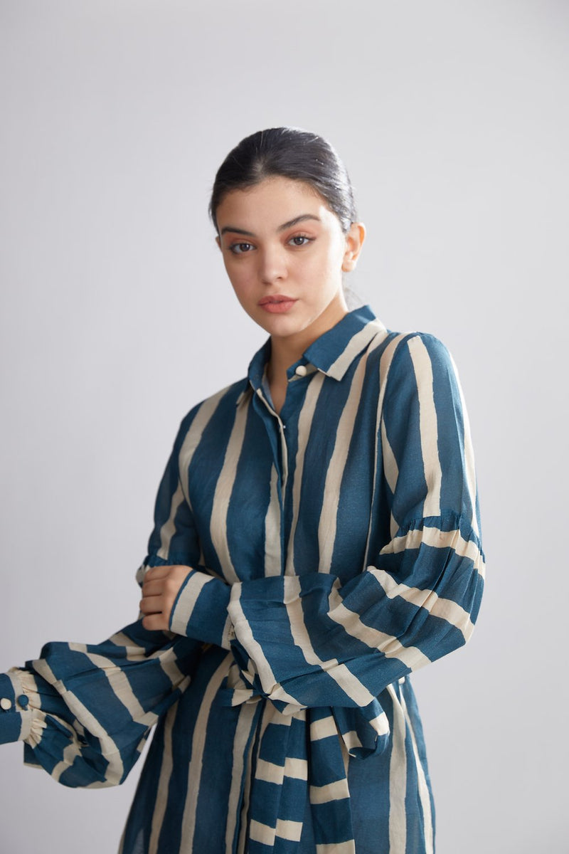Koai   I   Teal And Cream Stripe Shirt Dress - Shop Cult Modern