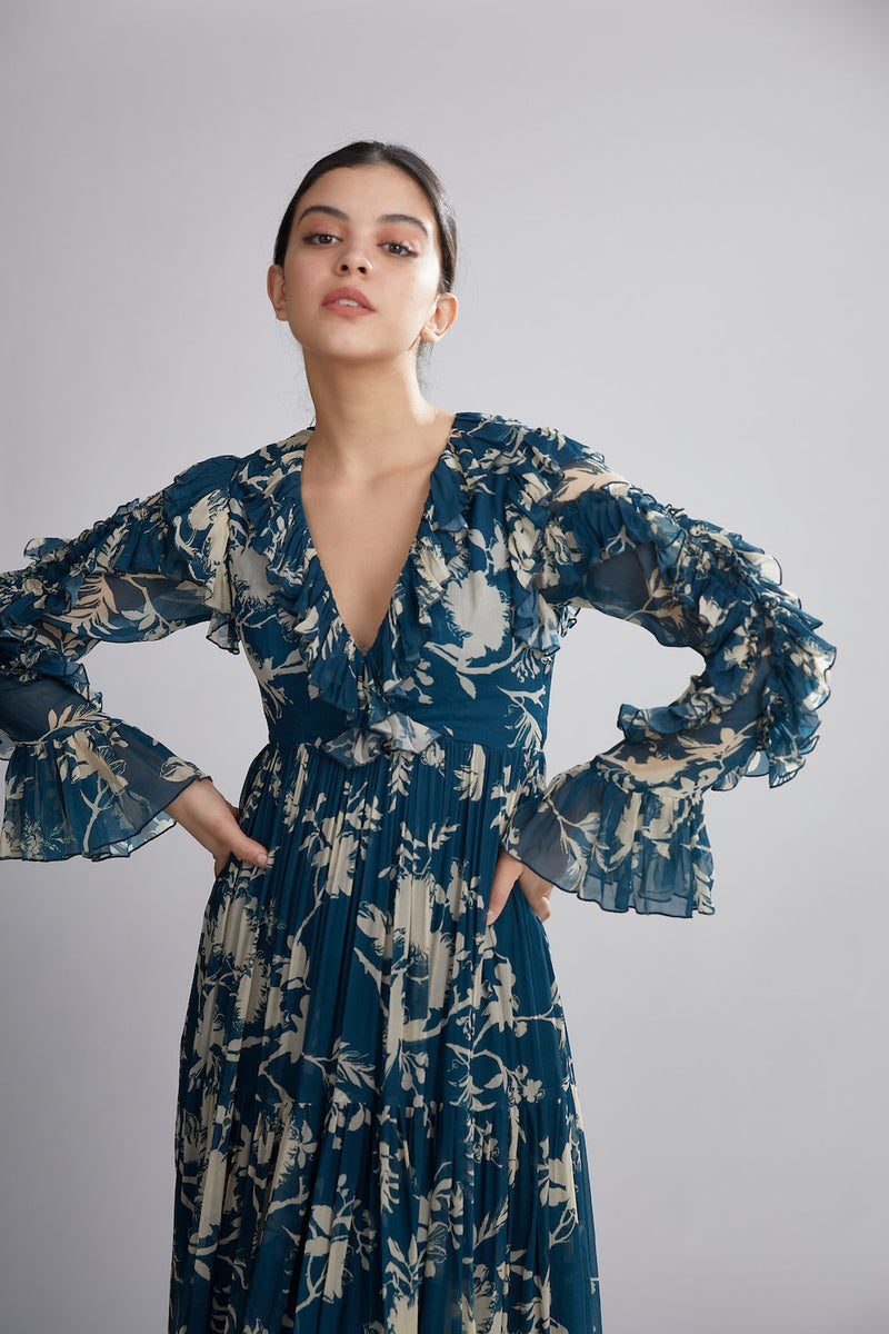 Koai I Teal And Cream Floral Long Dress