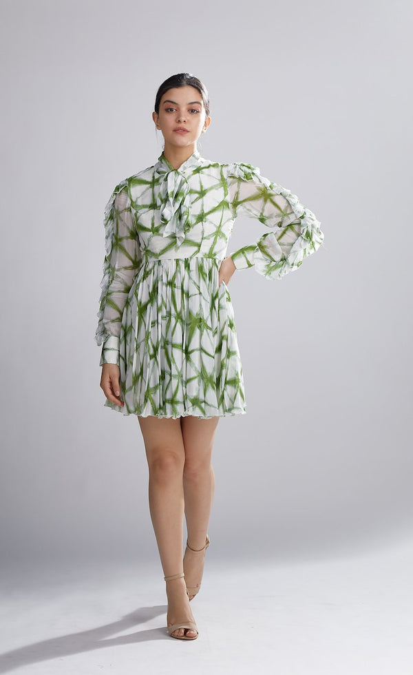 Koai   I   Cream And Green Shibori Frill Dress - Shop Cult Modern