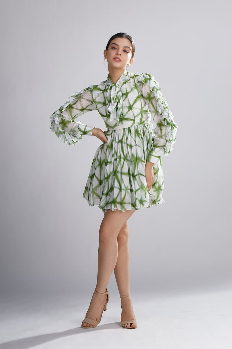 Koai   I   Cream And Green Shibori Frill Dress - Shop Cult Modern