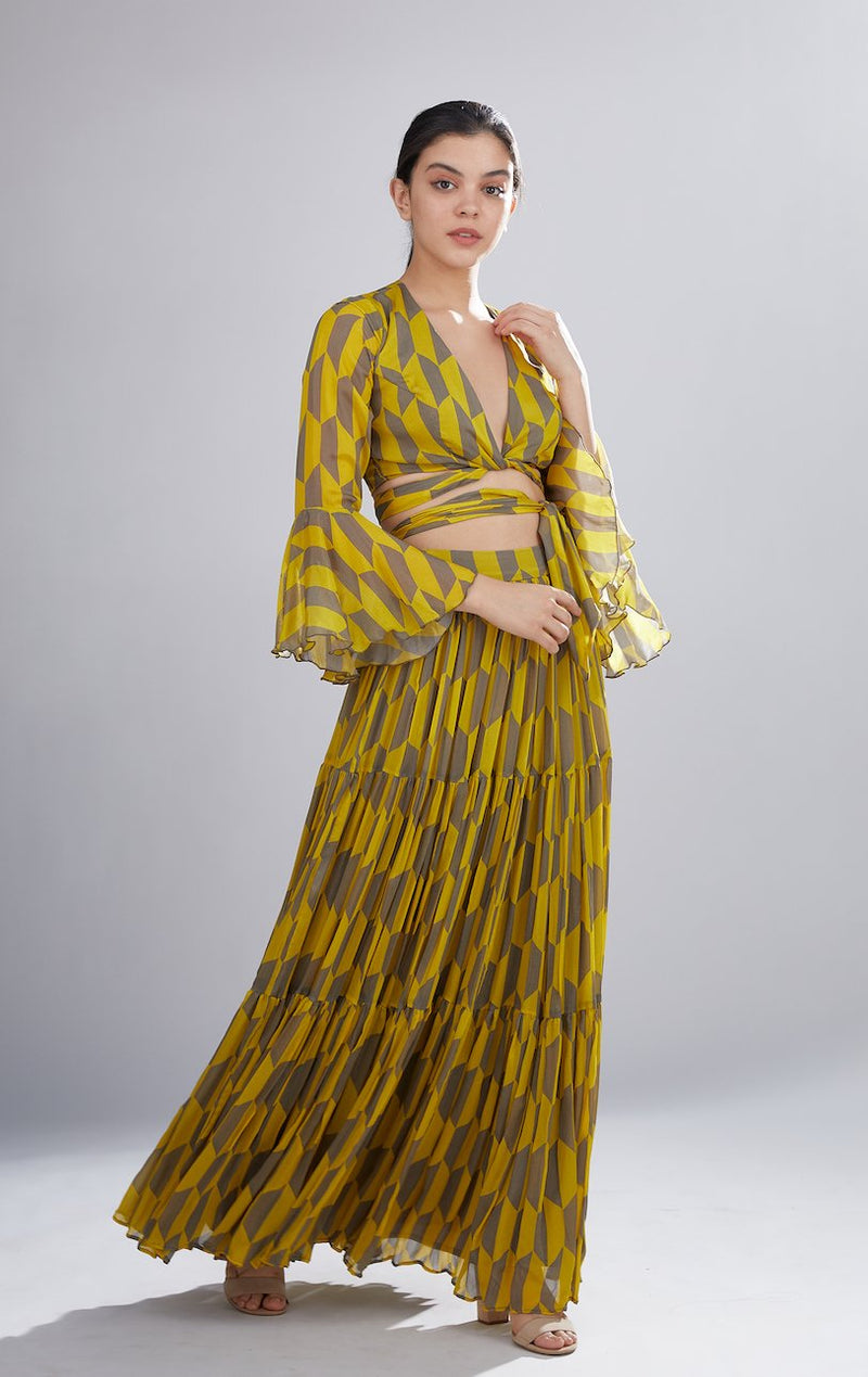 Koai   I   Mustard And Grey Geometric Pleated Skirt - Shop Cult Modern