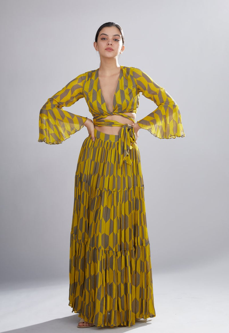 Koai   I   Mustard And Grey Geometric Pleated Skirt - Shop Cult Modern