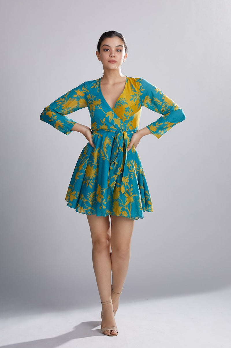 Koai   I   Blue And Mustard Dual Floral Wrap Dress - Shop Cult Modern