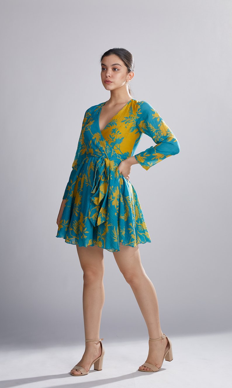 Koai   I   Blue And Mustard Dual Floral Wrap Dress - Shop Cult Modern