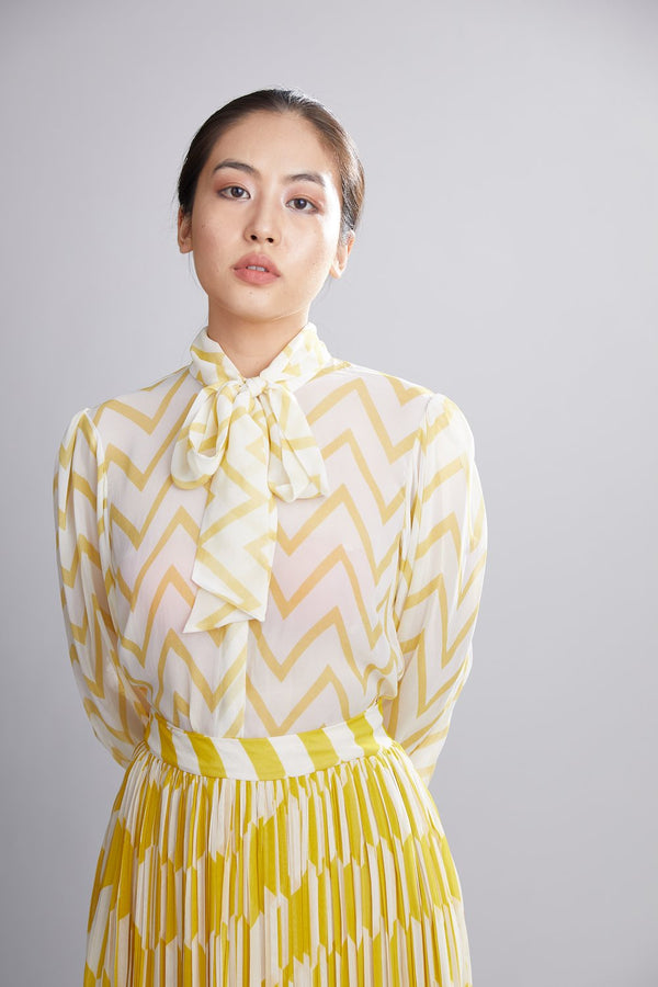 Koai   I   Cream And Yellow Zig Zag Bow Shirt - Shop Cult Modern