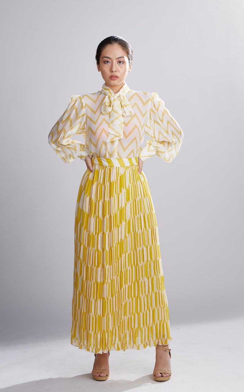Koai   I   Cream And Yellow Geometric Crinckled Skirt - Shop Cult Modern
