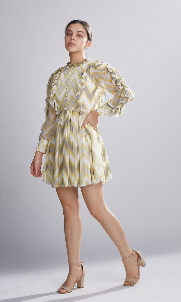 Koai   I   Grey Yellow And Cream Zig Zag Frill Short Dress - Shop Cult Modern