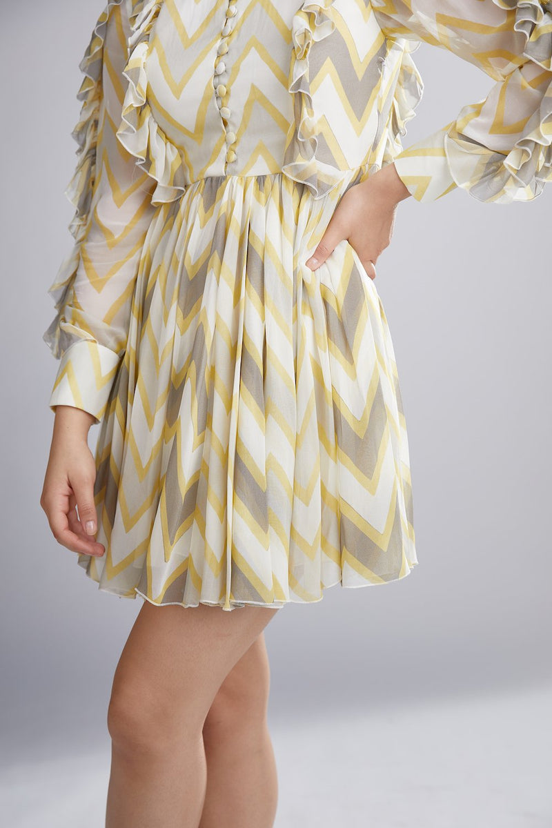 Koai   I   Grey Yellow And Cream Zig Zag Frill Short Dress - Shop Cult Modern