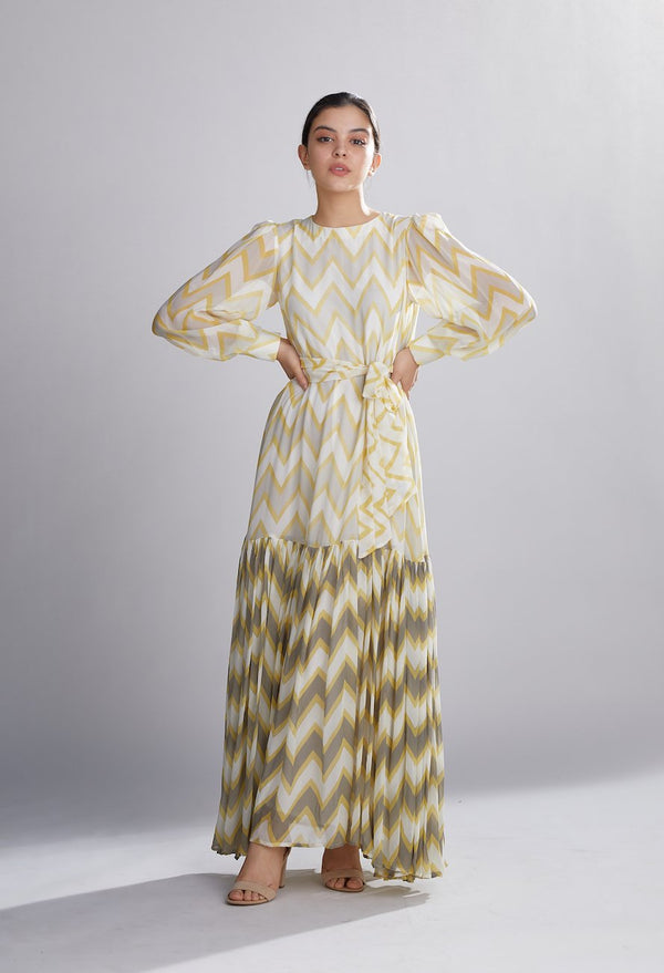Koai   I   Grey Yellow And Cream Zig Zag Long Dress - Shop Cult Modern