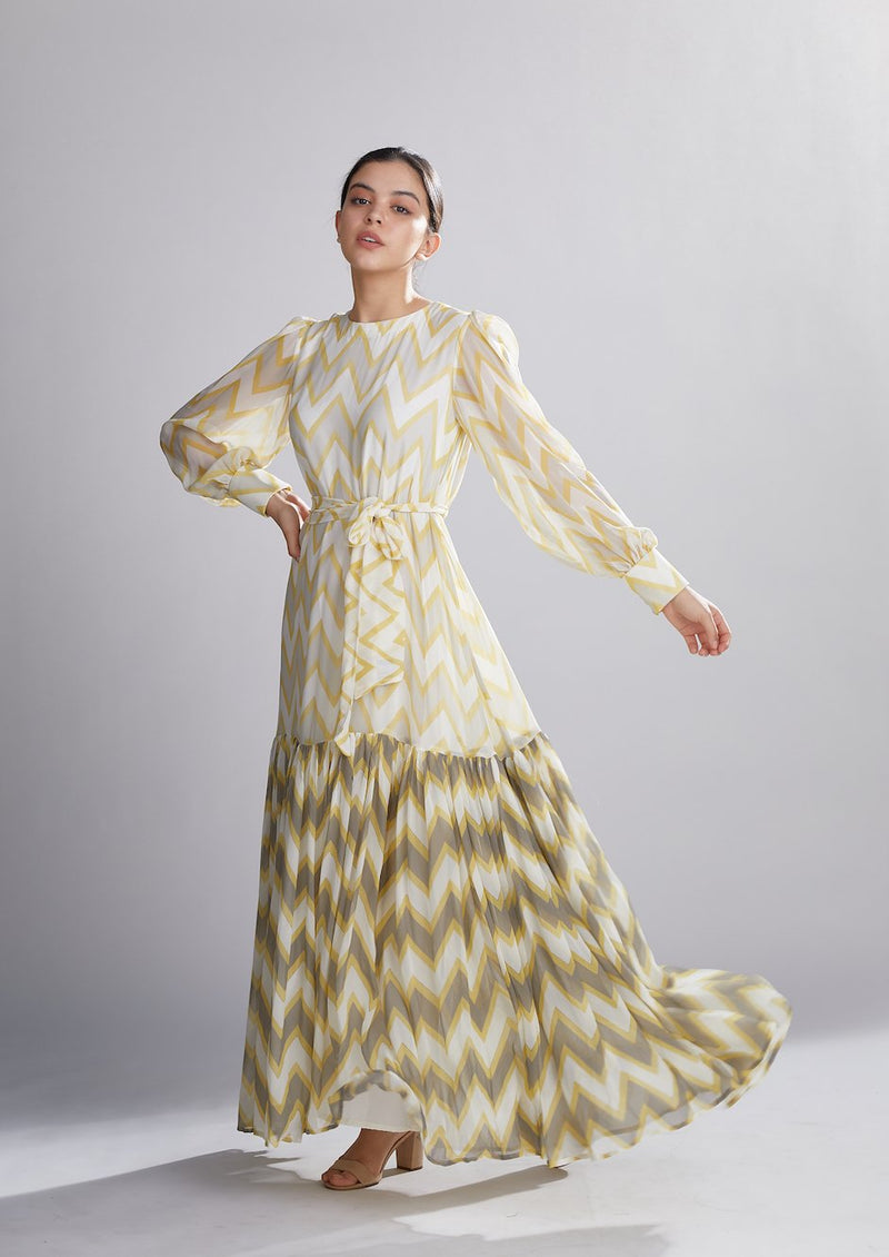 Koai   I   Grey Yellow And Cream Zig Zag Long Dress - Shop Cult Modern