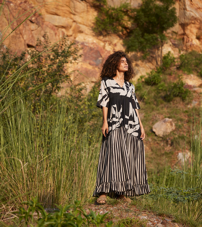 trendy cotton long maxi dresses Nala Tiered Smocked Cotton Voile Maxi Dress WHITE-BLUE / L by Sugarlips