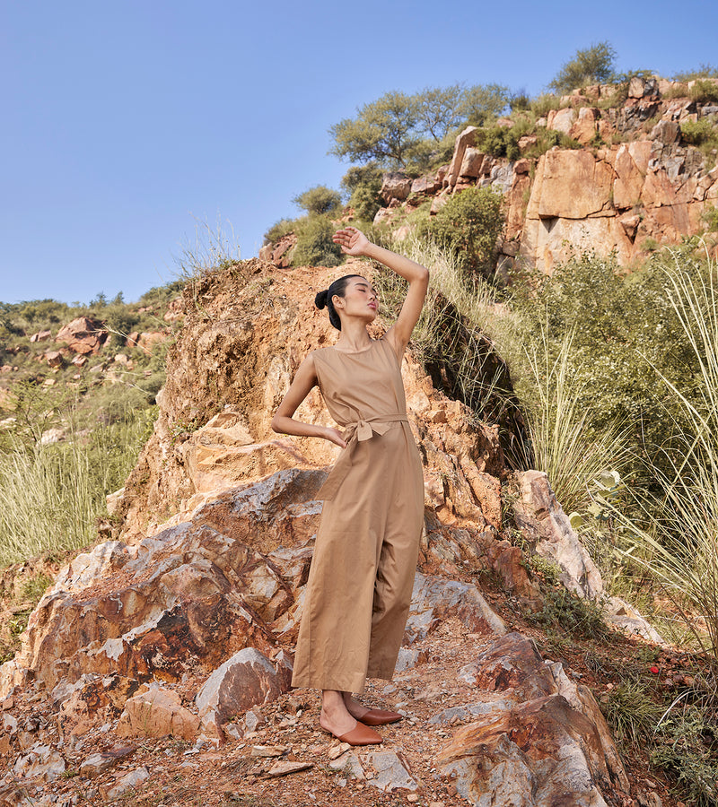 Khara Kapas In the Woods Jumpsuit Cotton Poplin  Khaki Brown KW690 - Shop Cult Modern