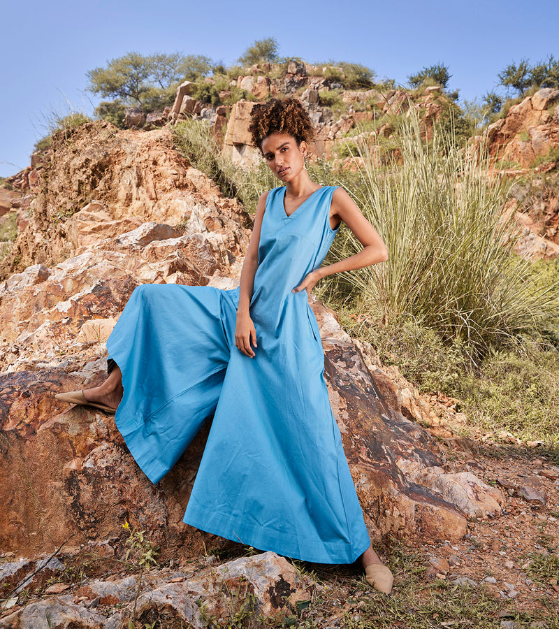 Khara Kapas Whisper Of Air Jumpsuit Twill Weave Cotton  Blue KW683 - Shop Cult Modern