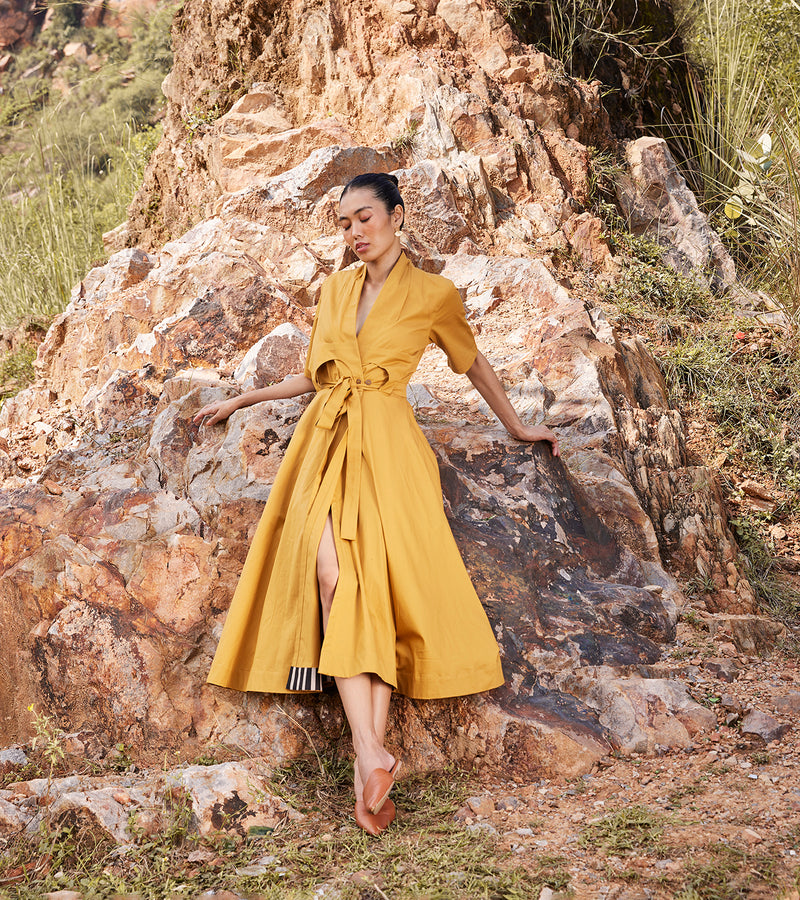 mustard yellow cotton dress Golden Yellow Cotton Poplin V-Neck Gathered Midi Wrap Dress 52" / Tall (5'7" and above)