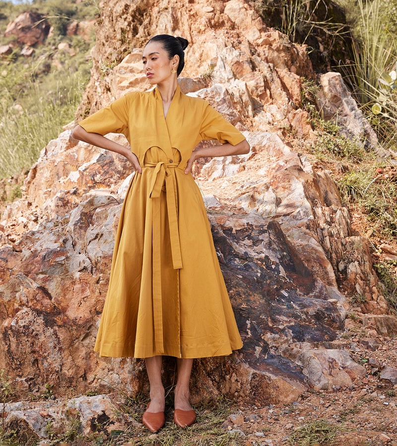 Khara Kapas Those Days Midi Dress Twill Weave Cotton  Mustard Yellow KW686 - Shop Cult Modern
