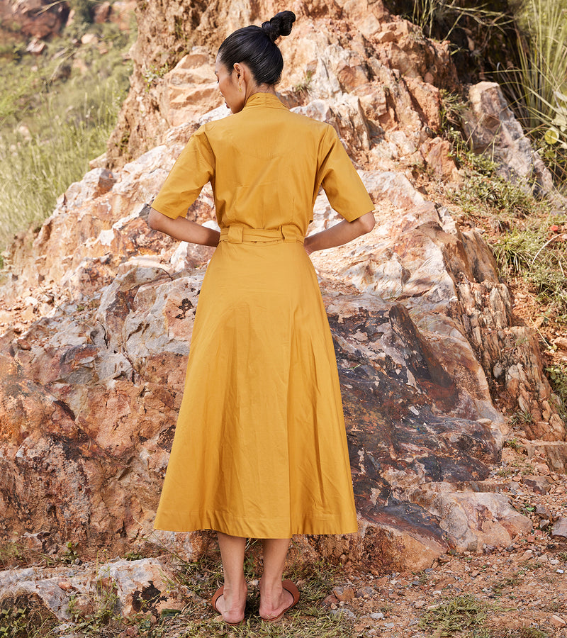 Khara Kapas Those Days Midi Dress Twill Weave Cotton  Mustard Yellow KW686 - Shop Cult Modern
