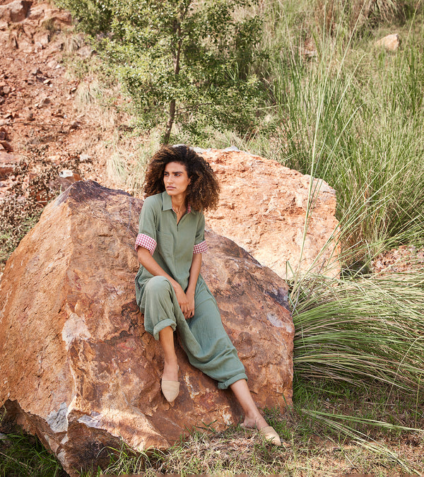 Khara Kapas Talk To Me Jumpsuit Double Weave Cotton  Green KW681 - Shop Cult Modern