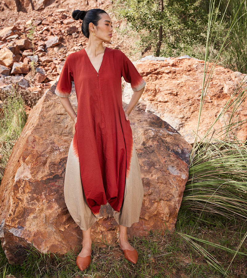 Khara Kapas Heartthrob Jumpsuit Khadi Cotton  Red and Sand KW695 - Shop Cult Modern