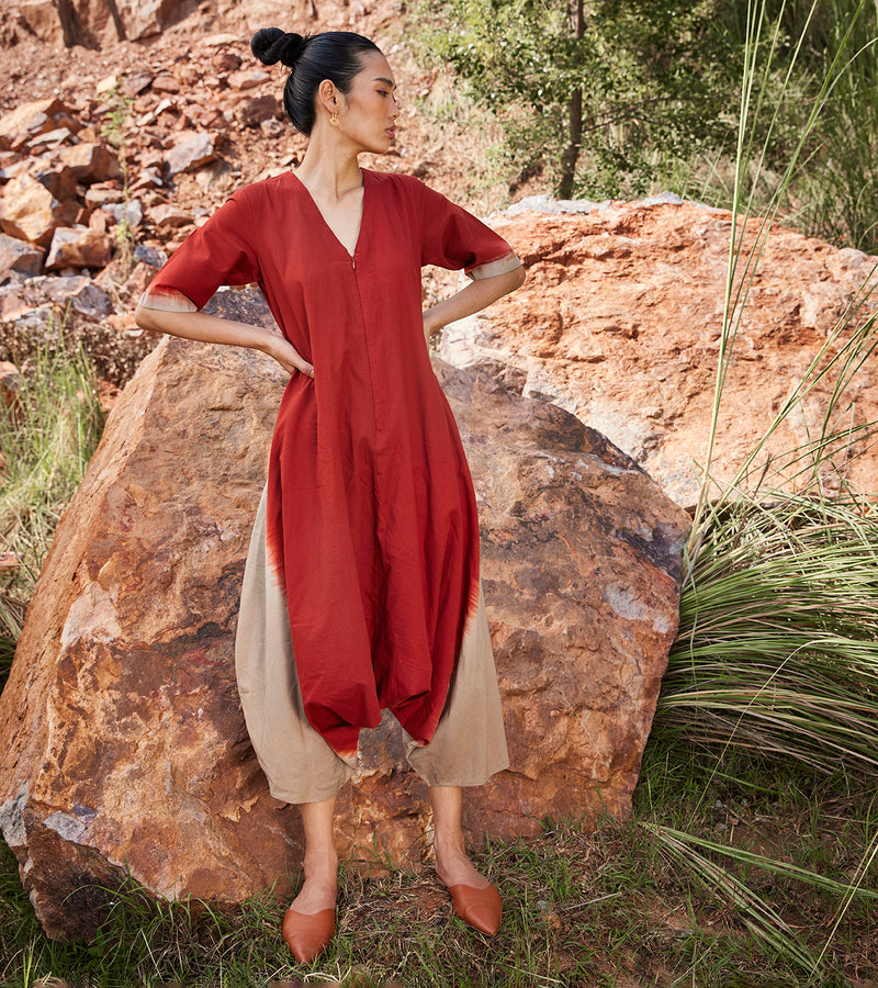 Khara Kapas Heartthrob Jumpsuit Khadi Cotton  Red and Sand KW695 - Shop Cult Modern
