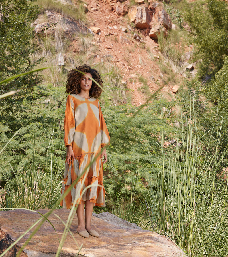 Khara Kapas Soul Of Her Existence Dress 100% Cotton  Orange and Green KW684 - Shop Cult Modern