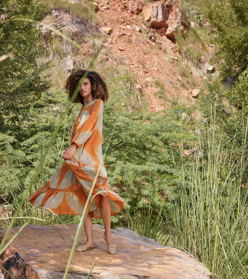 Khara Kapas Soul Of Her Existence Dress 100% Cotton  Orange and Green KW684 - Shop Cult Modern