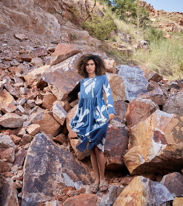 Khara Kapas Distant Cloud Dress 100% Cotton  Blue and off-white KW652 - Shop Cult Modern