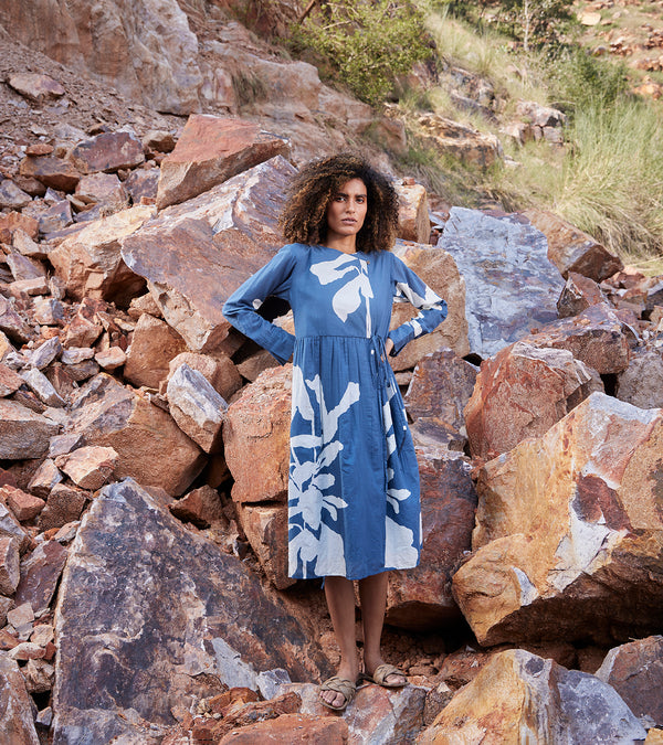 Khara Kapas Distant Cloud Dress 100% Cotton  Blue and off-white KW652 - Shop Cult Modern