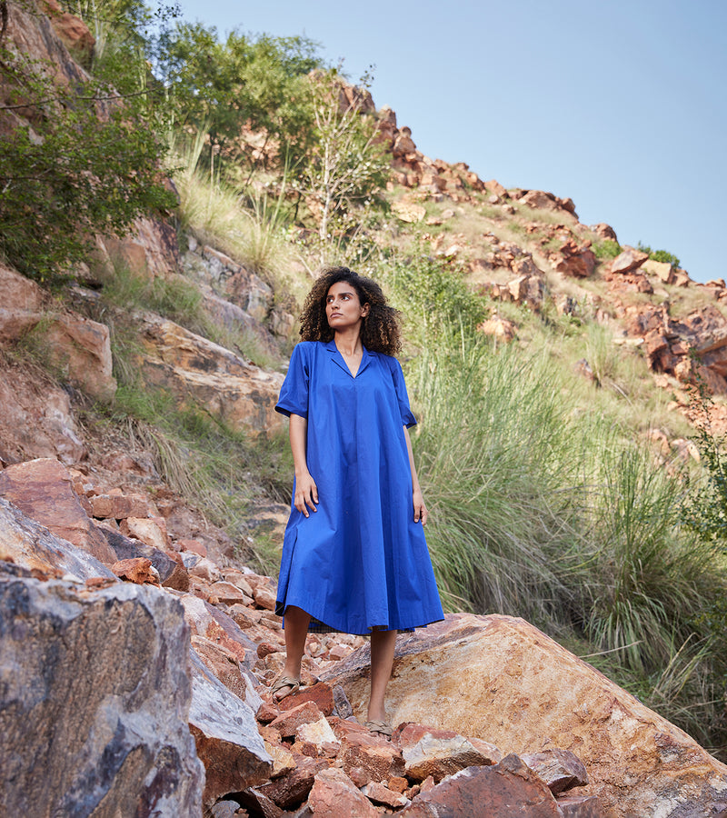 Khara Kapas Hazy Note Anti-fit Dress Cotton Poplin  Blue KW656 - Shop Cult Modern