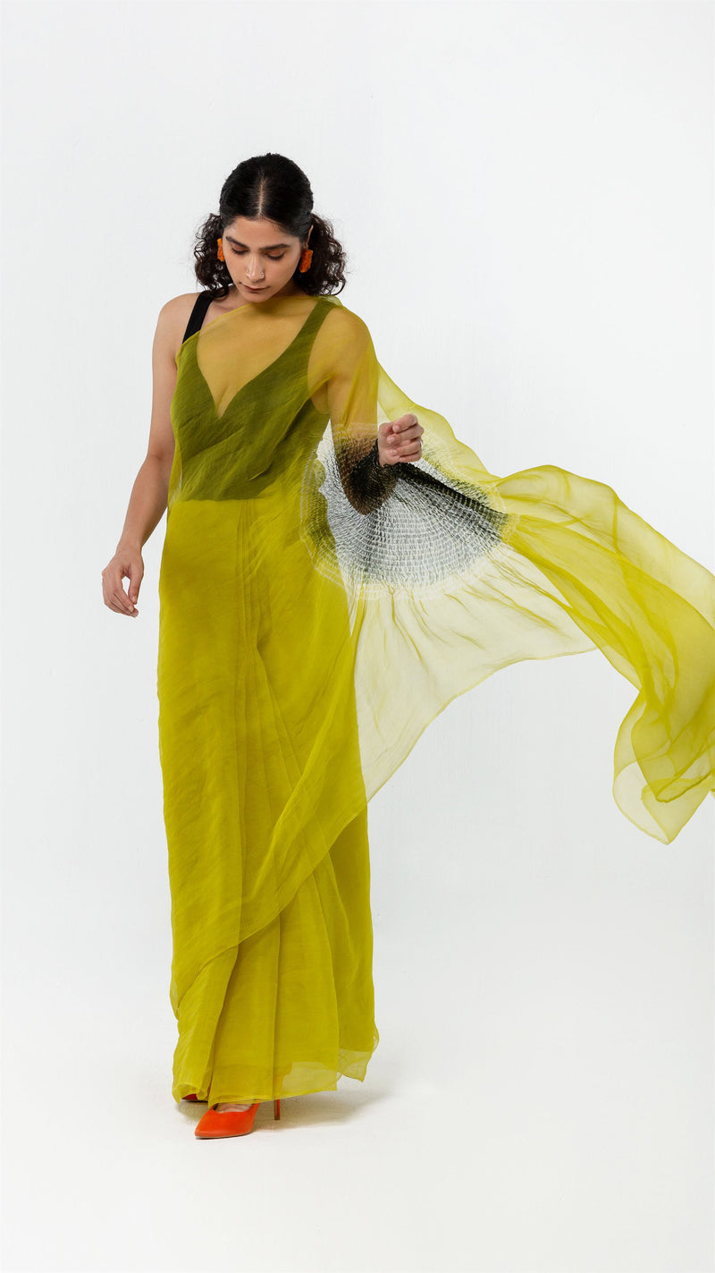 Studio Medium   I   Shibori Champagne HANDSFREE SAREE, SILK ORGANZA - LIME/BLACKPOLS 55 - Shop Cult Modern