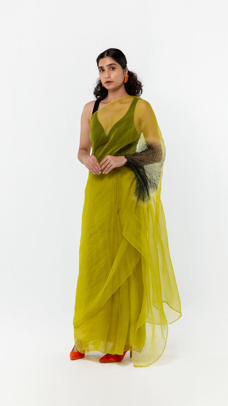 Studio Medium   I   Shibori Champagne HANDSFREE SAREE, SILK ORGANZA - LIME/BLACKPOLS 55 - Shop Cult Modern