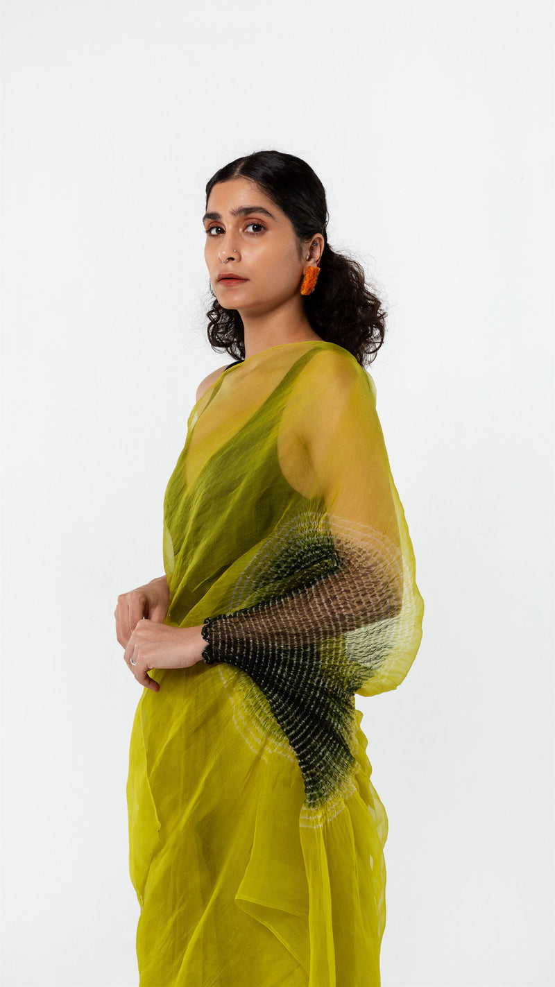 Studio Medium   I   Shibori Champagne HANDSFREE SAREE, SILK ORGANZA - LIME/BLACKPOLS 55 - Shop Cult Modern