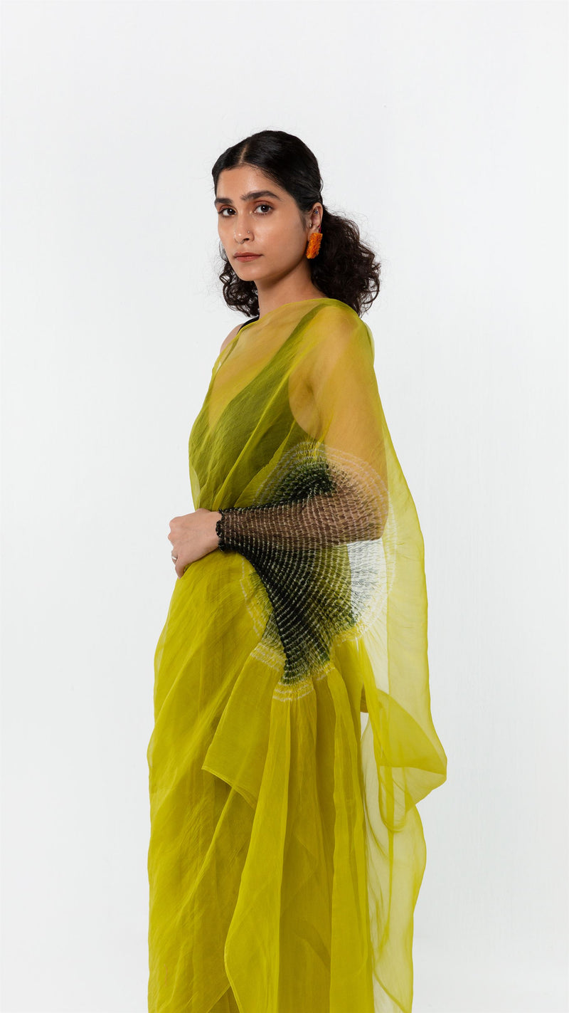 Studio Medium   I   Shibori Champagne HANDSFREE SAREE, SILK ORGANZA - LIME/BLACKPOLS 55 - Shop Cult Modern