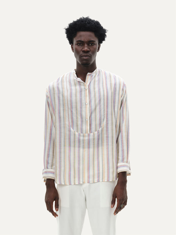 Naushad Ali I Band collar shirt,Candy stripe Signature Spring Summer 2022 100% Handwoven cotton White NA SS22 M15T - Shop Cult Modern
