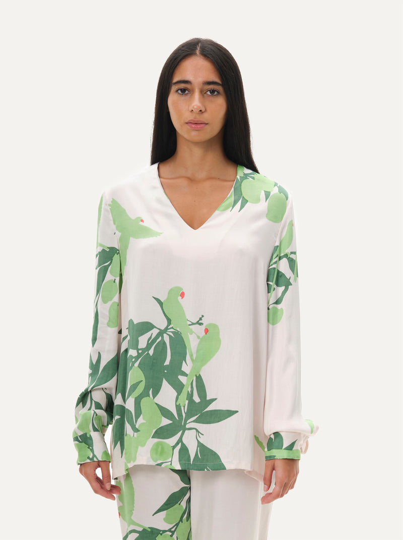 Naushad Ali   I   V-neck blouse Mangoes & Parrots Signature Spring Summer 2023 Soft Pink Cotton satin NA SS22 W02T - Shop Cult Modern