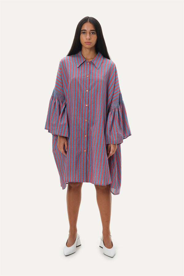 Naushad Ali   I   Boxy shirt dressStripes Signature Spring Summer 2033 Blue + coral red Handwoven Silk cotton NA SS22 W08 - Shop Cult Modern