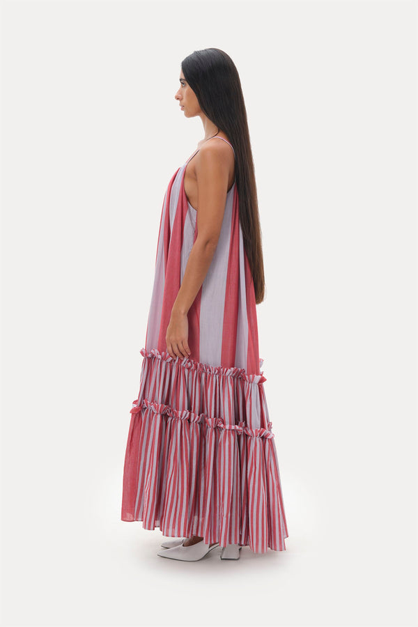 Naushad Ali   I   Tiered sundressTemple stripes Signature Spring Summer 2035 Lilac + coral red Handwoven Silk cotton NA SS22 W10 - Shop Cult Modern