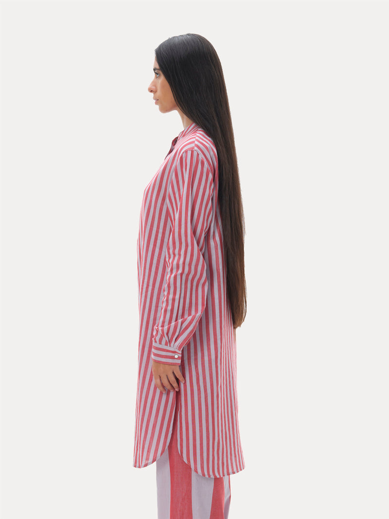 Naushad Ali   I   Temple striped kurta Signature Spring Summer 2036 Lilac + coral red Handwoven Silk cotton NA SS22 W11T - Shop Cult Modern