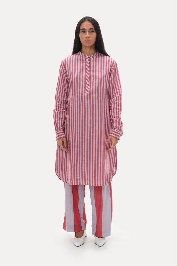 Naushad Ali   I   Stripe on stripe set Signature Spring Summer 2037 Lilac + coral red Handwoven Silk cotton NA SS22 W11 - Shop Cult Modern