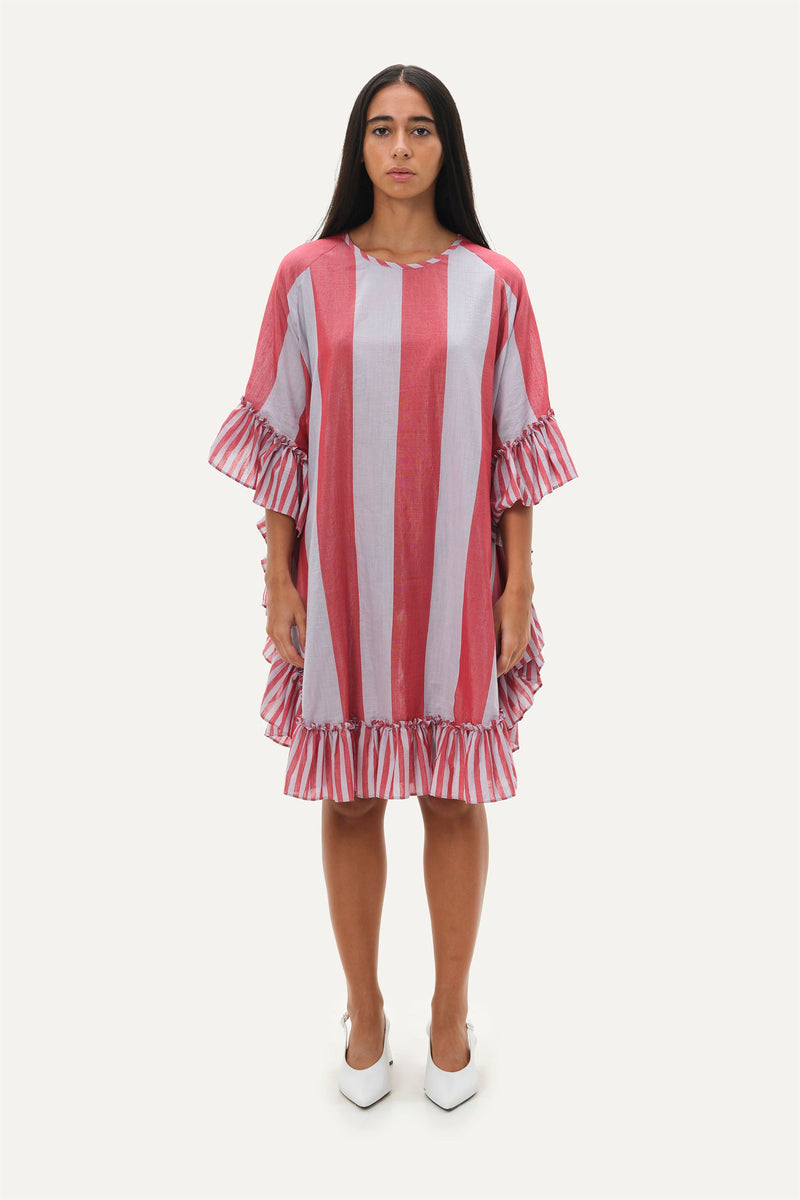 Naushad Ali   I   Kaftan dressTemple stripes Signature Spring Summer 2038 Lilac + coral red Handwoven Silk cotton NA SS22 W12 - Shop Cult Modern