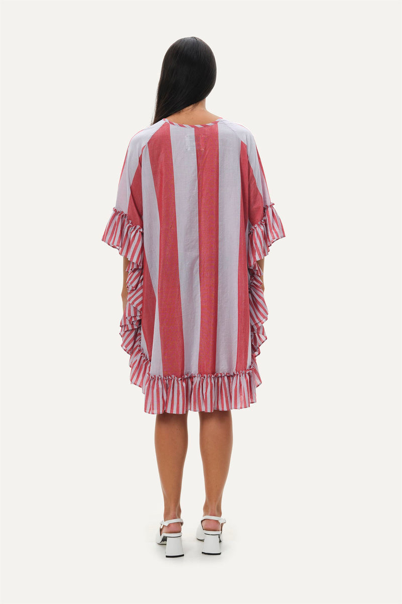 Naushad Ali   I   Kaftan dressTemple stripes Signature Spring Summer 2038 Lilac + coral red Handwoven Silk cotton NA SS22 W12 - Shop Cult Modern