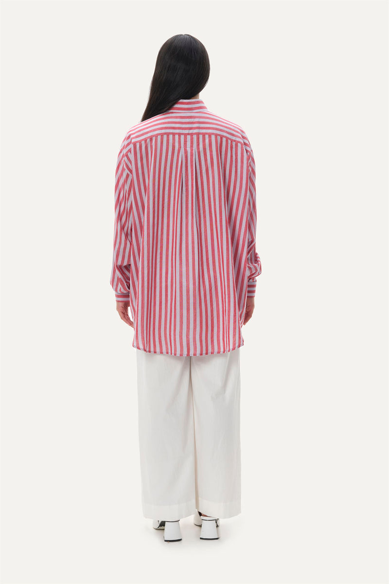Naushad Ali   I   Boyfriend shirtTemple stripe Signature Spring Summer 2039 Lilac + coral red Handwoven Linen silk NA SS22 W13 - Shop Cult Modern