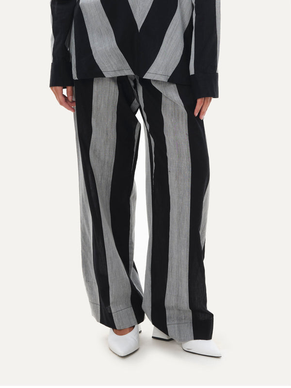 Naushad Ali   I   Straight Pants - Bold stripe Signature Spring Summer 2042 Black + Smoke Grey Handwoven Silk Cotton NA SS22 W15P - Shop Cult Modern