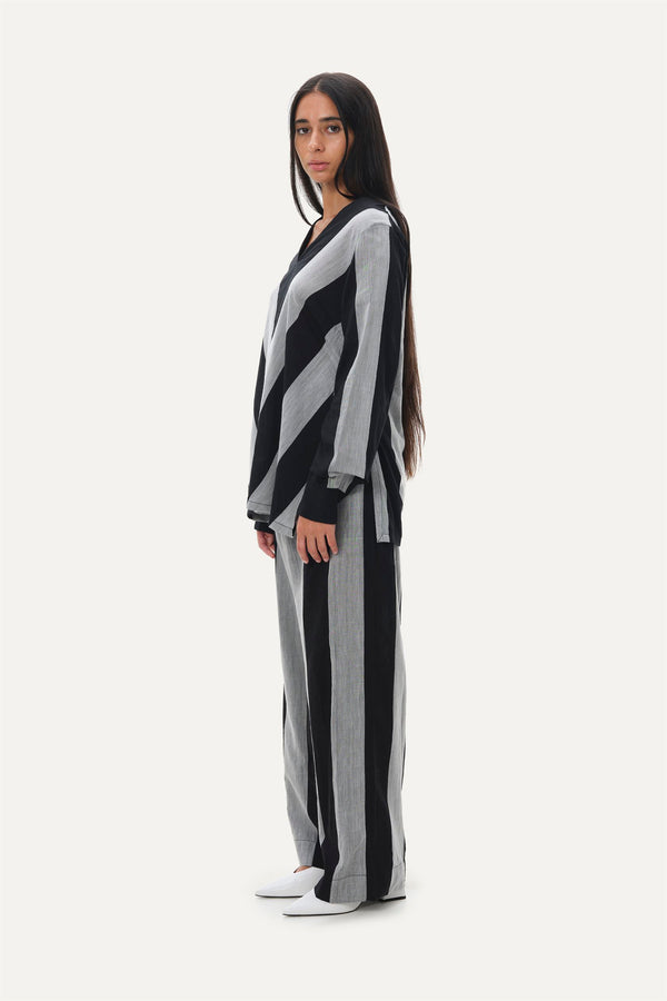 Naushad Ali   I   Straight Pants - Bold stripe Signature Spring Summer 2042 Black + Smoke Grey Handwoven Silk Cotton NA SS22 W15P - Shop Cult Modern