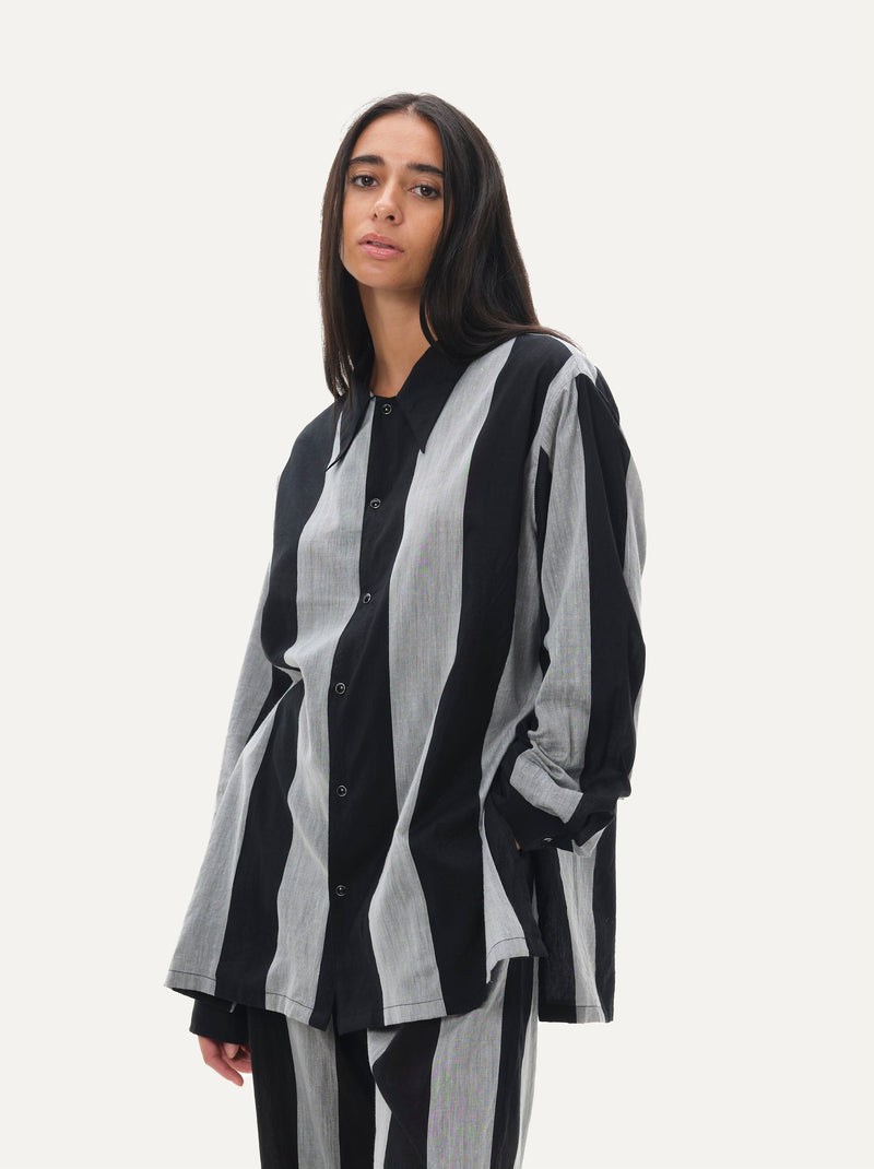 Naushad Ali   I   Button-down shirt - Bold stripe Signature Spring Summer 2044 Black + Smoke Grey Handwoven Silk Cotton NA SS22 W16T - Shop Cult Modern