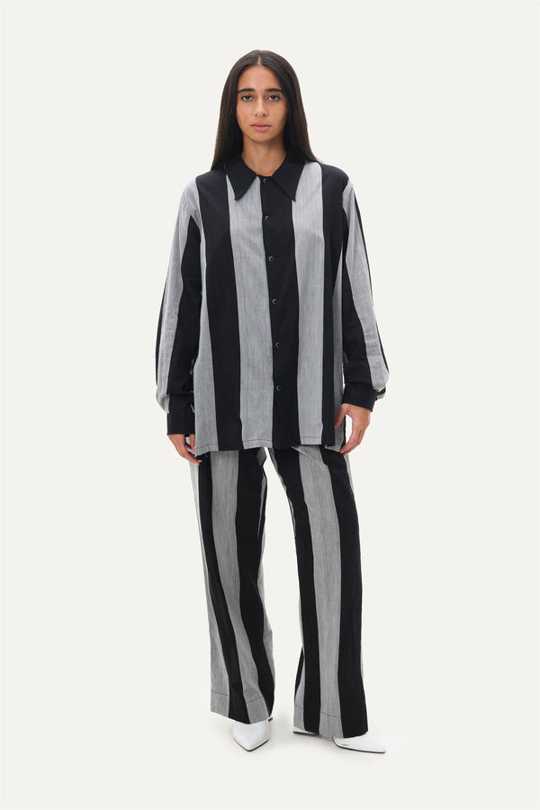 Naushad Ali   I   Bold stripe Co-ord Signature Spring Summer 2045 Black + Smoke Grey Handwoven Silk Cotton NA SS22 W16 - Shop Cult Modern