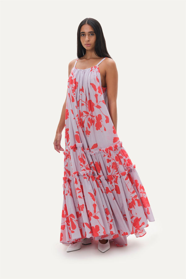 Naushad Ali   I   Tiered sundressHibiscus Signature Spring Summer 2049 Lilac + coral red 100% cotton voile NA SS22 W19 - Shop Cult Modern
