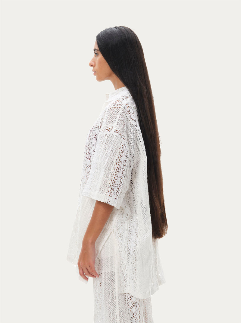 Naushad Ali   I   Lace button-down shirtWhite Signature Spring Summer 2065 White Cotton lace NA SS22 W28T - Shop Cult Modern