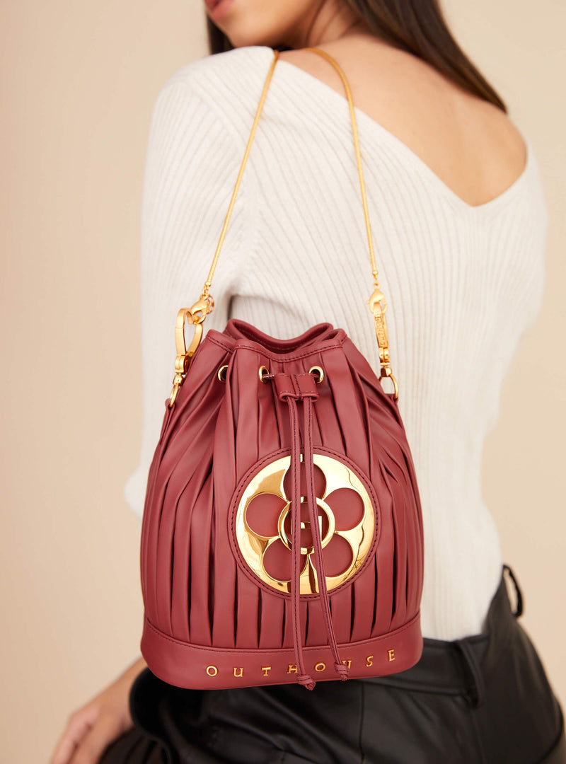 Outhouse   I   Oh Poppi Showfields Bucket Bag in Rosewood Maroon Vegan Leather Accessories OHBG21BB081 - Shop Cult Modern