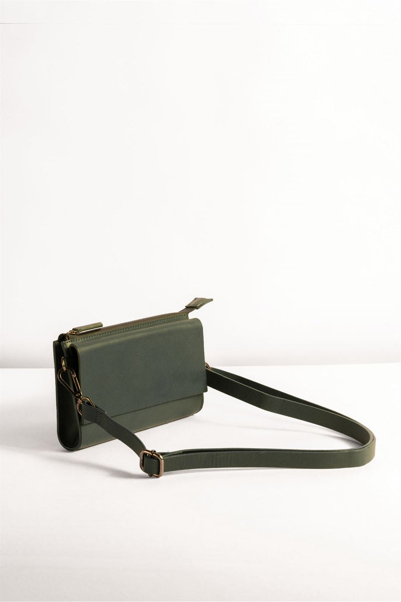Tanned   I   Essential Pouchette  Classic Thin Strap  Wallet, Sling, Cross Body  Dark Green  TO/EP-DG  I Leather Bag - Shop Cult Modern