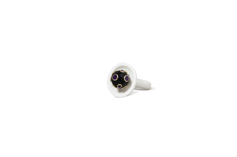 Studio Tara   I   Dali 18K Yellow Gold With Multicolored Sapphires On A Black Corian Orb And White Corian Ring - Shop Cult Modern
